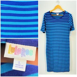LuLaRoe Julia Dress Large Color Blue Light/Dark Stretch Knee Length Comfy